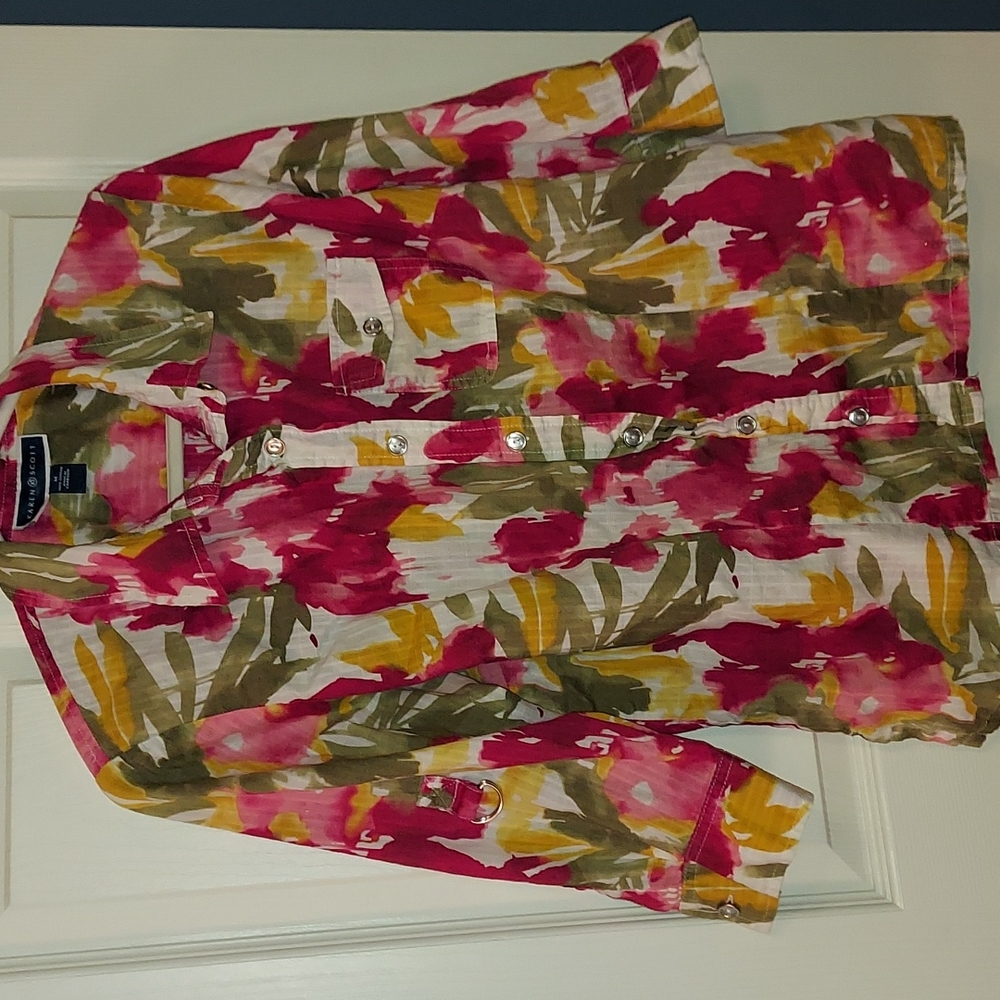 Karen Scott Multicolor‎ 3/4 Sleeve Button Down Cotton Blouse Medium